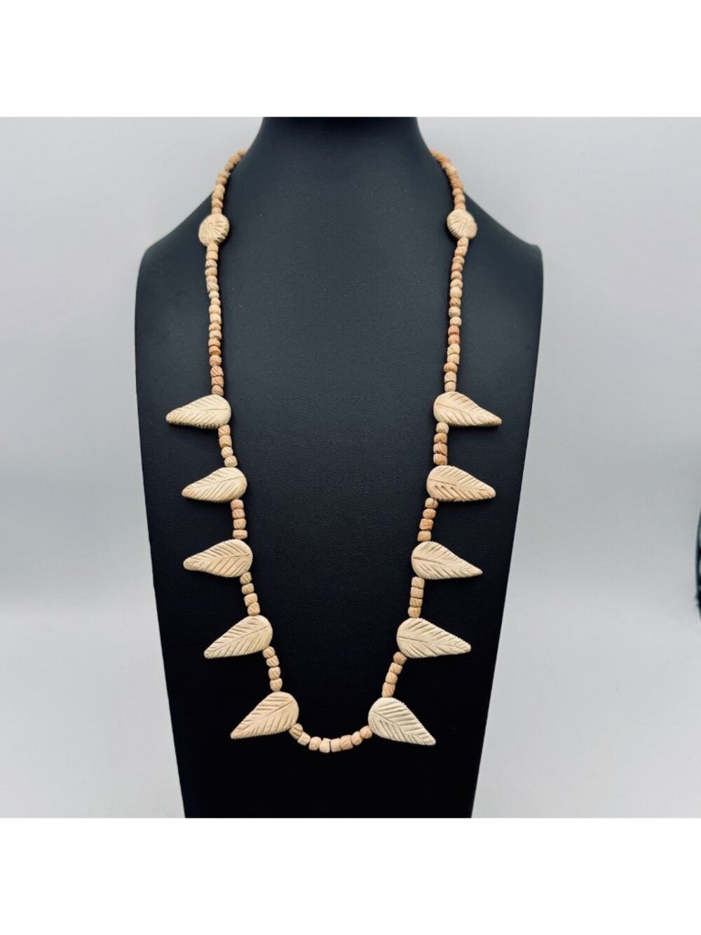Handmade Clay Bead Necklace Station Leaves and Flower Artisan Boho Nature 20"